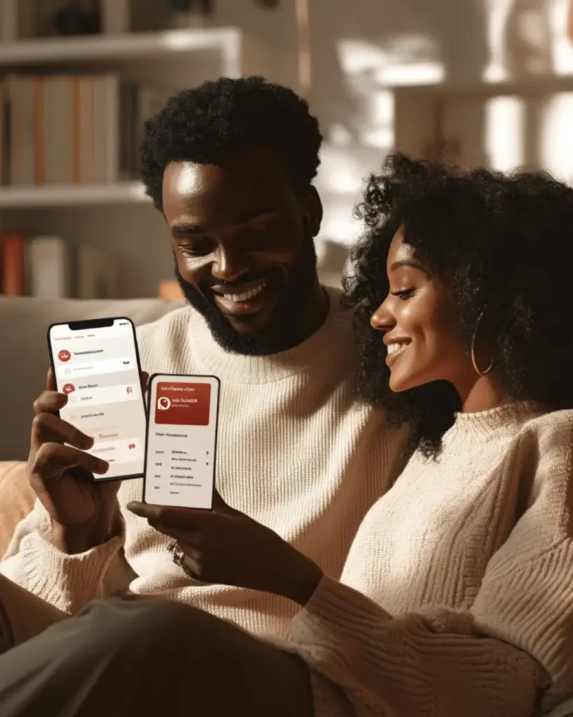 Smiling couple sitting on couch using digital banking apps together, reinforcing joint money management and budgeting goals.