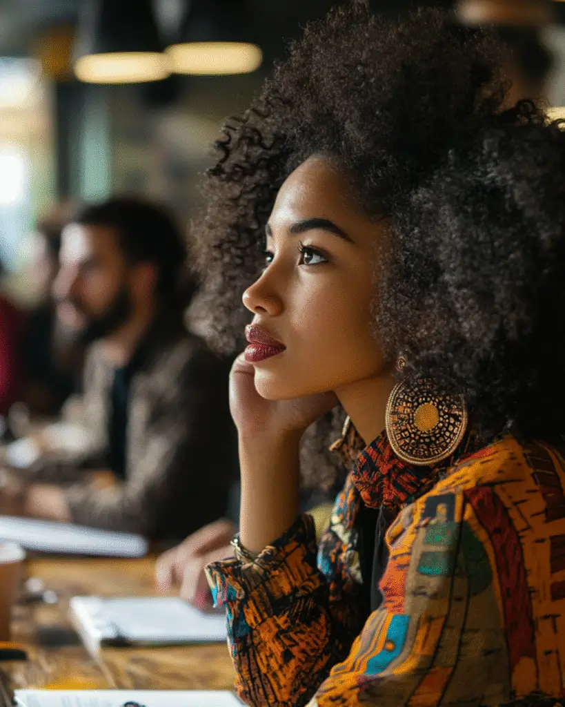 Young woman in a colorful patterned shirt focused in a professional meeting, analyzing the impact of global trade and economic policy, due to trump tariffs.
