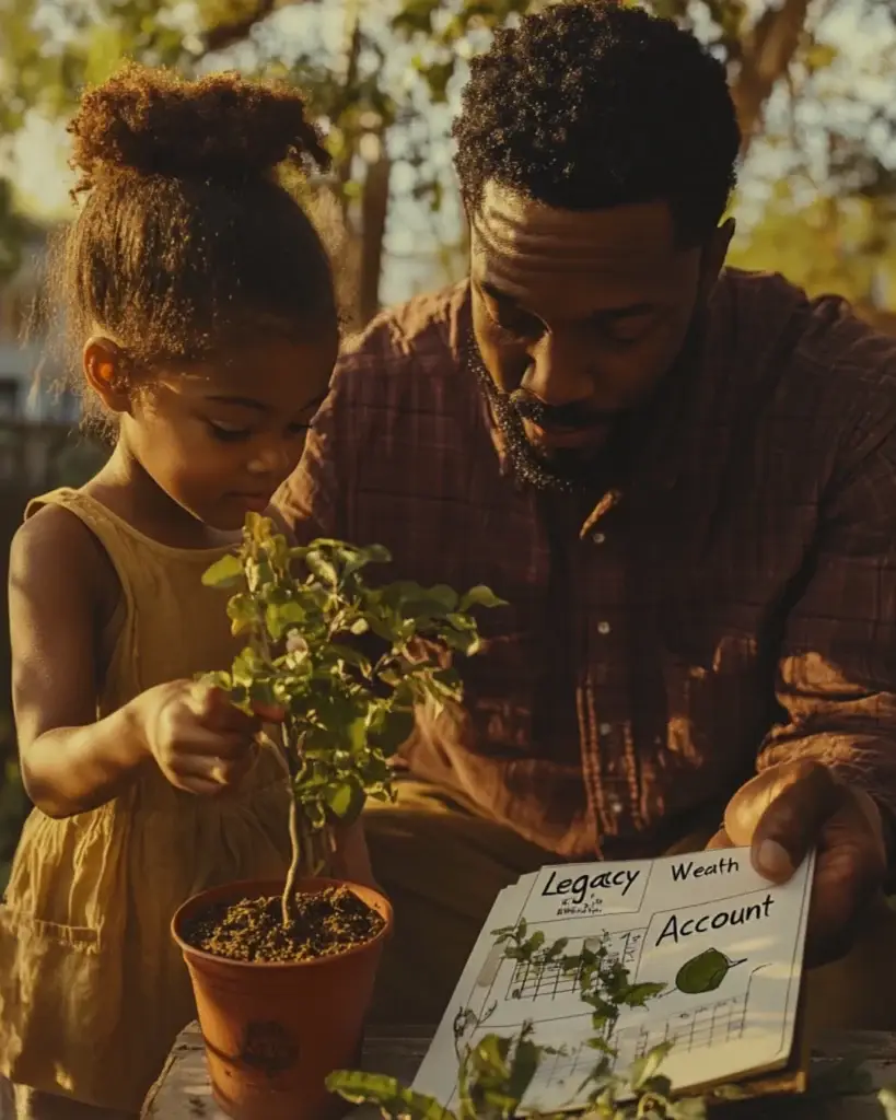 Black father teaching daughter about legacy wealth while planting a tree, representing long-term money management and generational planning.