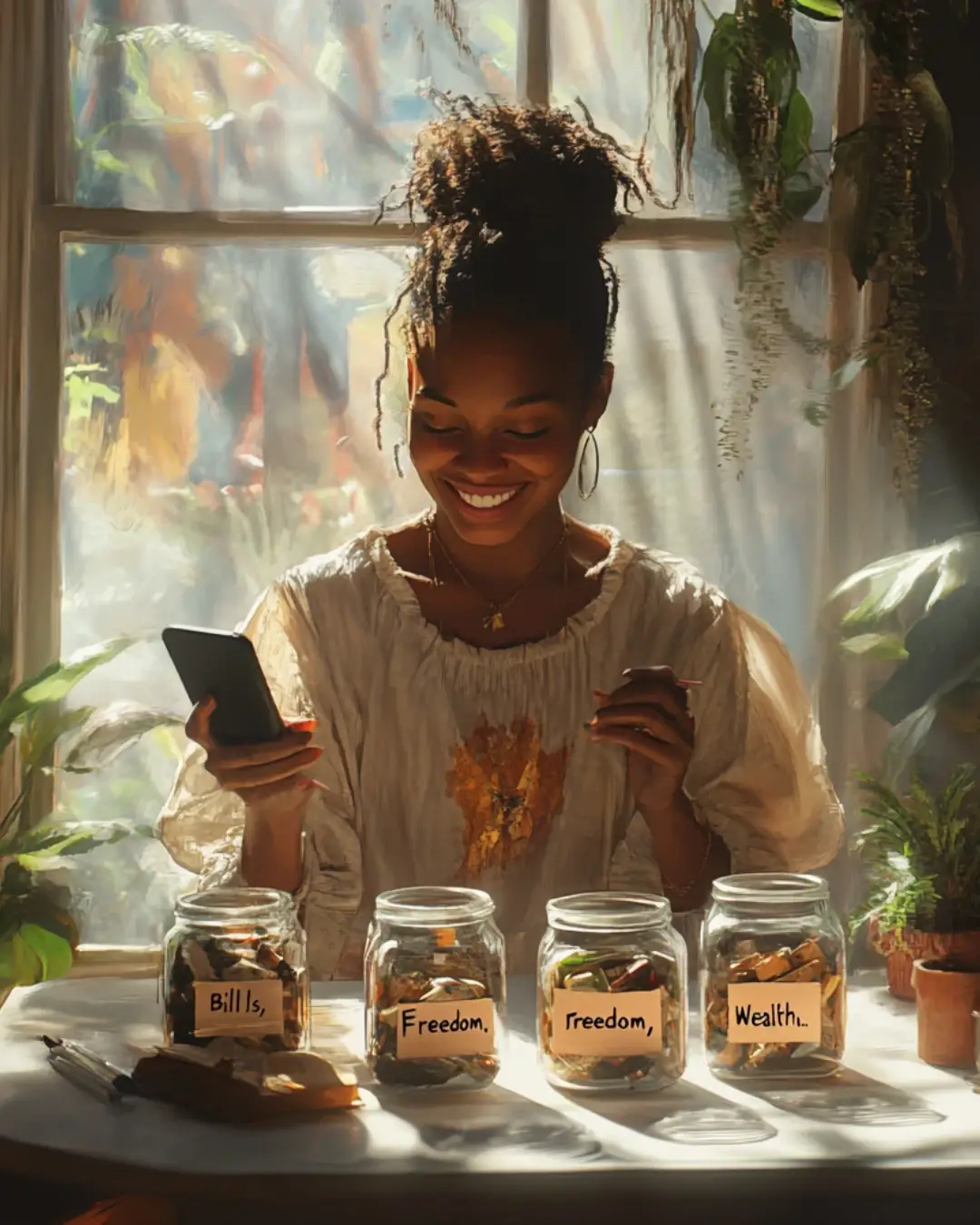 Black woman smiling while organizing cash into labeled jars for bills, freedom, and wealth—showcasing practical money management habits at home.