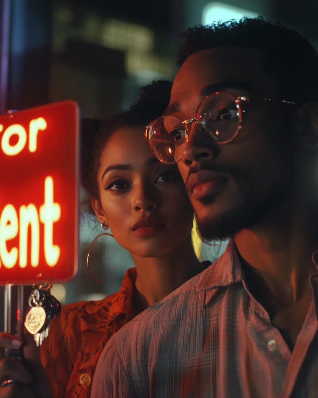 Couple considering whether to buy or rent a home at night under a glowing "For Rent" sign.