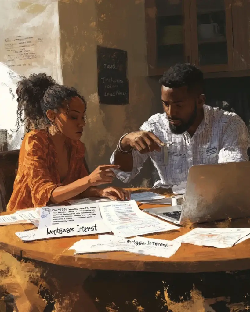 Couple reviewing mortgage costs while debating whether to buy or rent a home.