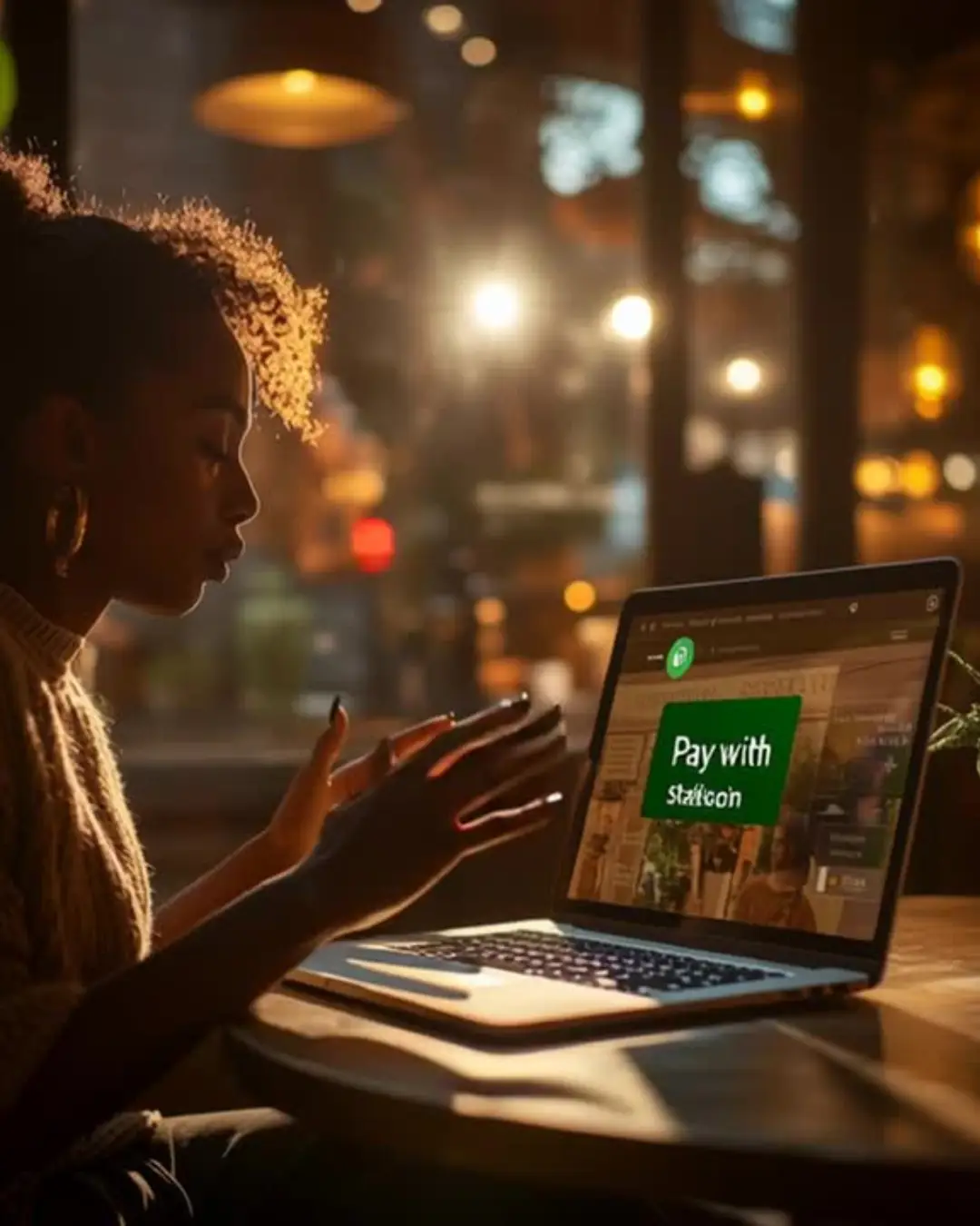 Woman finalizing an online purchase using a Stablecoin Strategy checkout button on her laptop