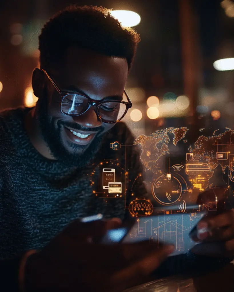 Smiling freelancer receives instant payment on phone, utilizing a Stablecoin Strategy.